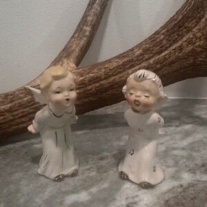 Vintage Ceramic Angel Figurines Japan Mid Century Choir Boy Girl Gold Trim Set 2